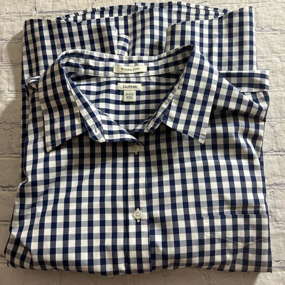 L.L.BEAN WRINKLE FREE NAVY & WHITE CHECK ONE POCKET WOMANS 100% COTTON SHIRT 3X